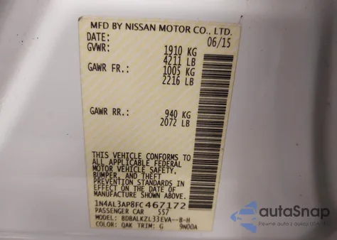 2015 Nissan Altima 2.5 Sv z USA, uszkodzony, nr VIN 1N4AL3AP8FC467172